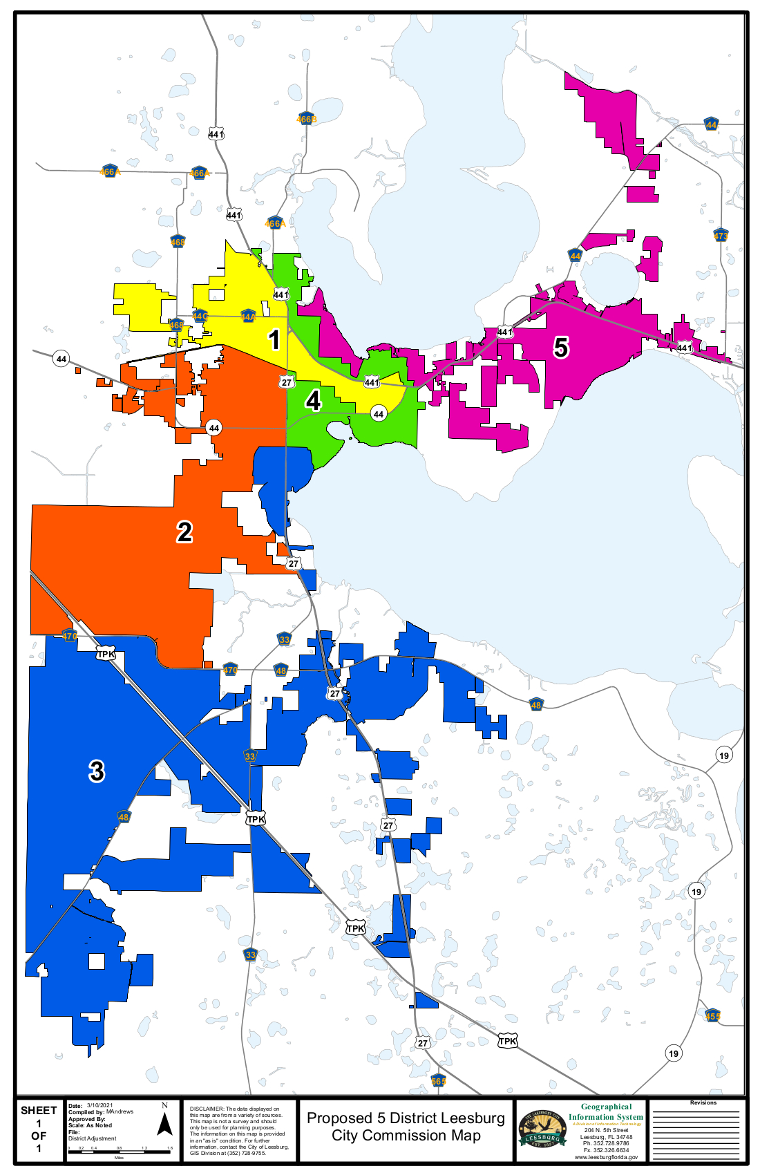 Proposed City Commission 5 Single-Member District Map showing major highways
